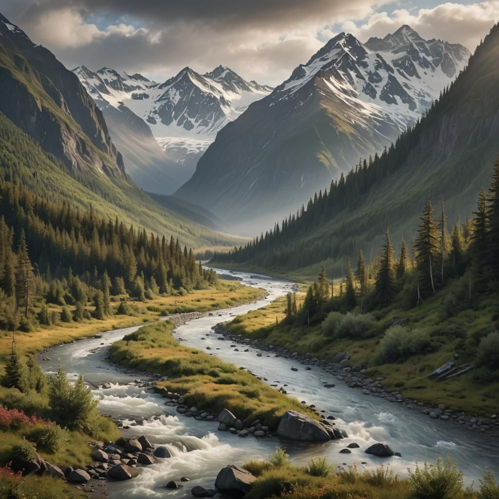 Impressionist Alaskan Landscape with Mountain River