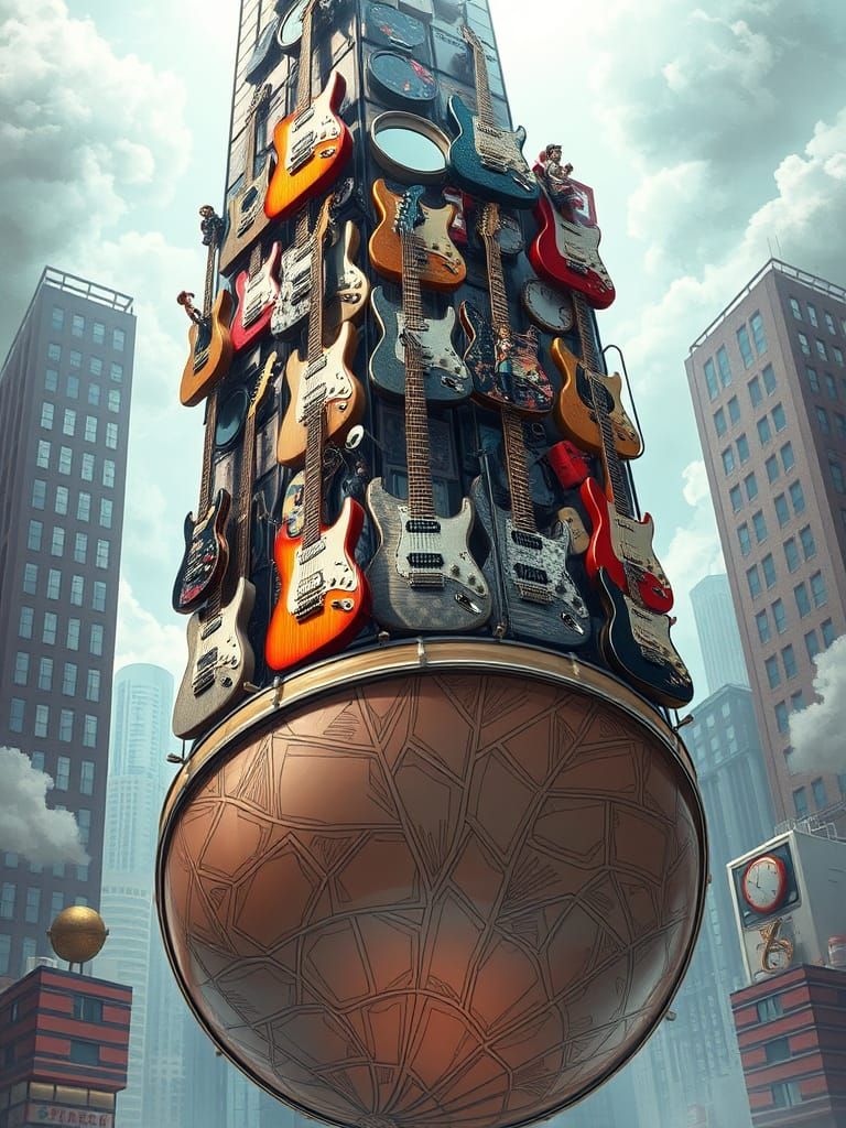 Whimsical Skyscraper of Vintage Electric Guitars in Dreamlik...