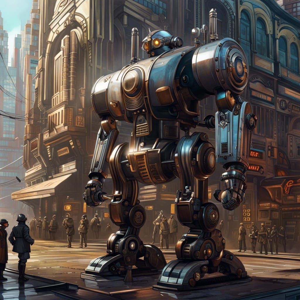 Dieselpunk Robot in Hyperrealistic Cityscape