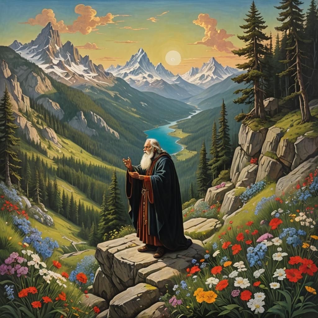 Prophet's Sacrifice in Alpine Landscape: DaVinci-esque Oil P...
