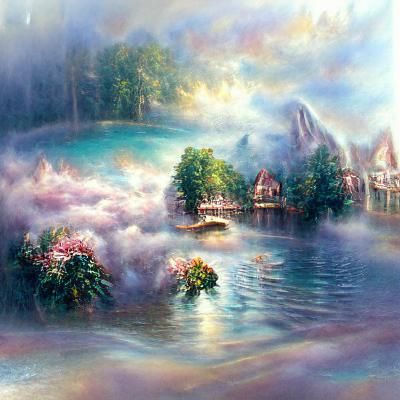 Ethereal Summer Lake in Kinkade Style