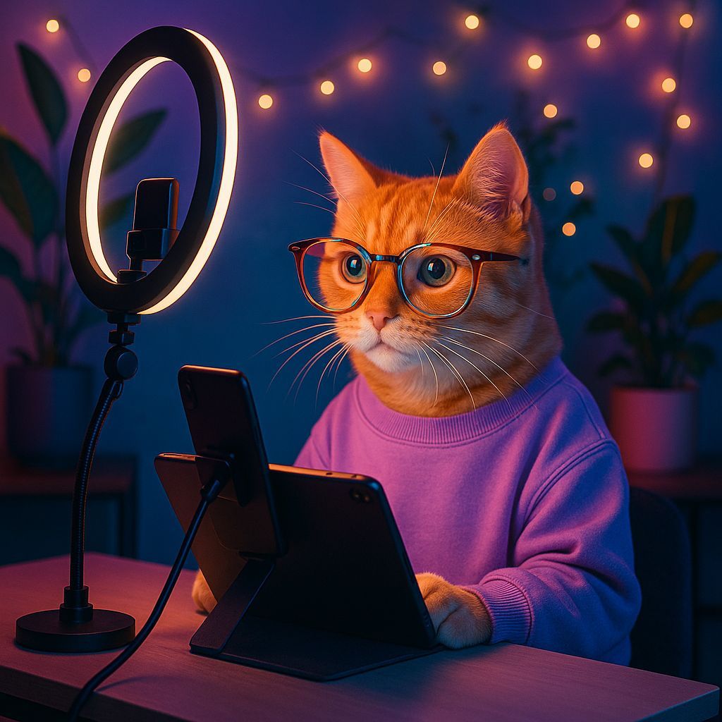 Gen Z Cat Vlogging in Neon-lit Digital Art