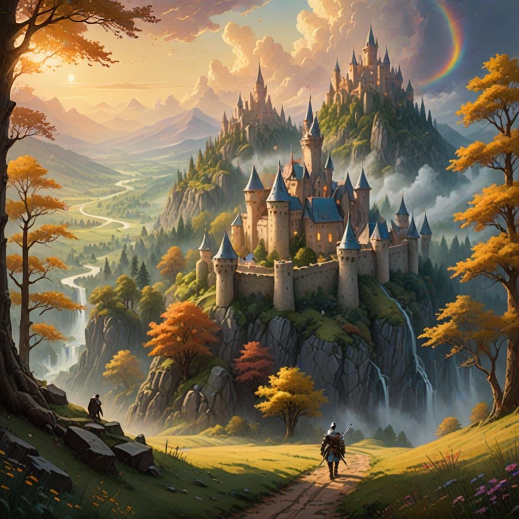 Dreamy Medieval Fantasy Landscape with Castles and Knight