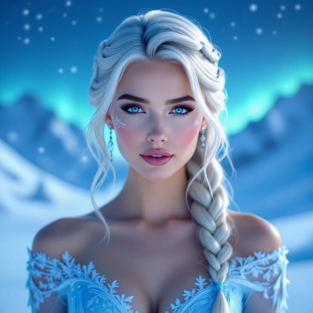 Icy Blonde Woman in Snowy Landscape, Realistic Portrait