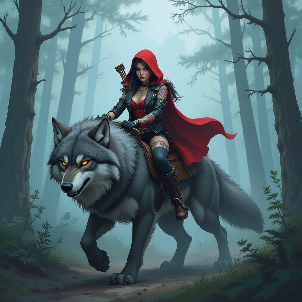 Punk Red Riding Hood Rides a Wolf in Misty Forest