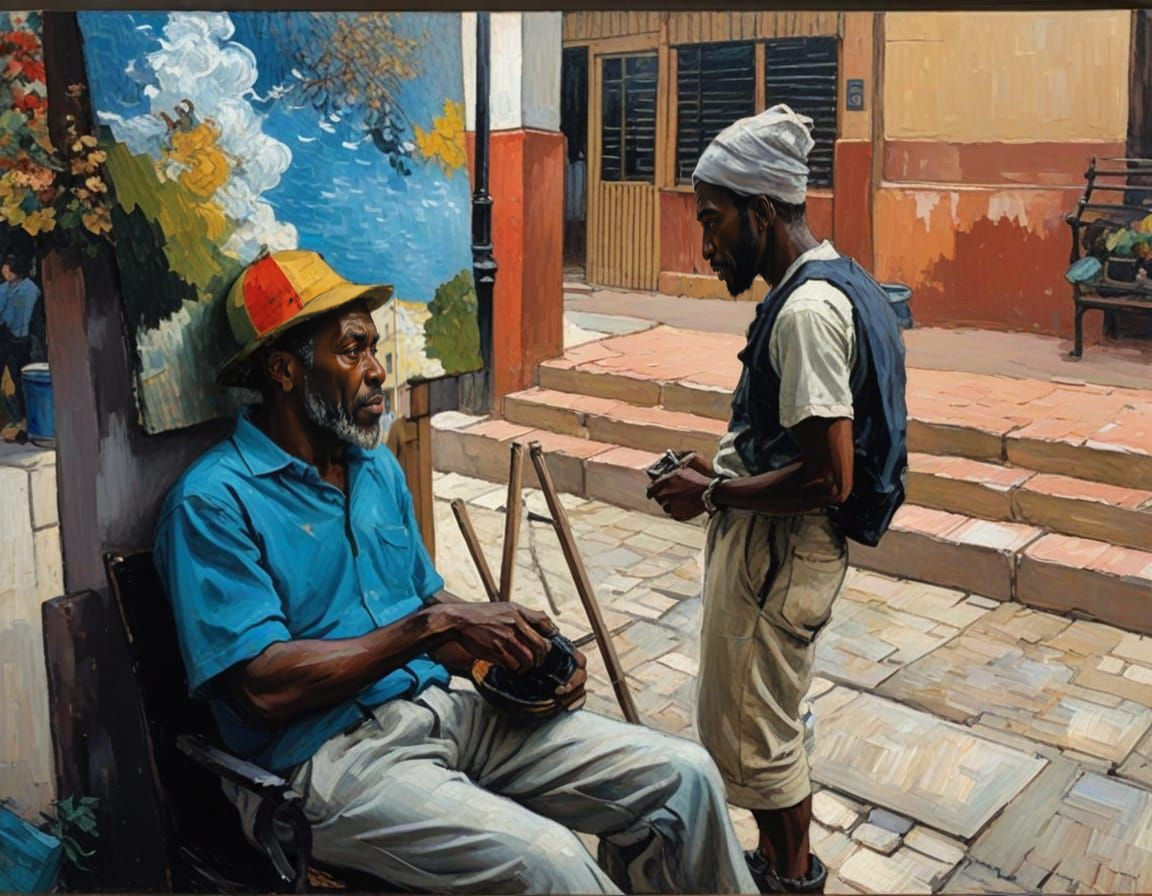 Vibrant Caribbean Street Scene in Gouache Masterpiece