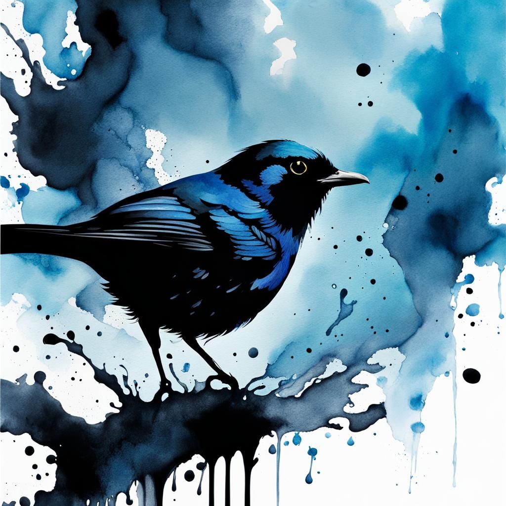 Ink Splatter Bird Amongst Winter Birch Trees