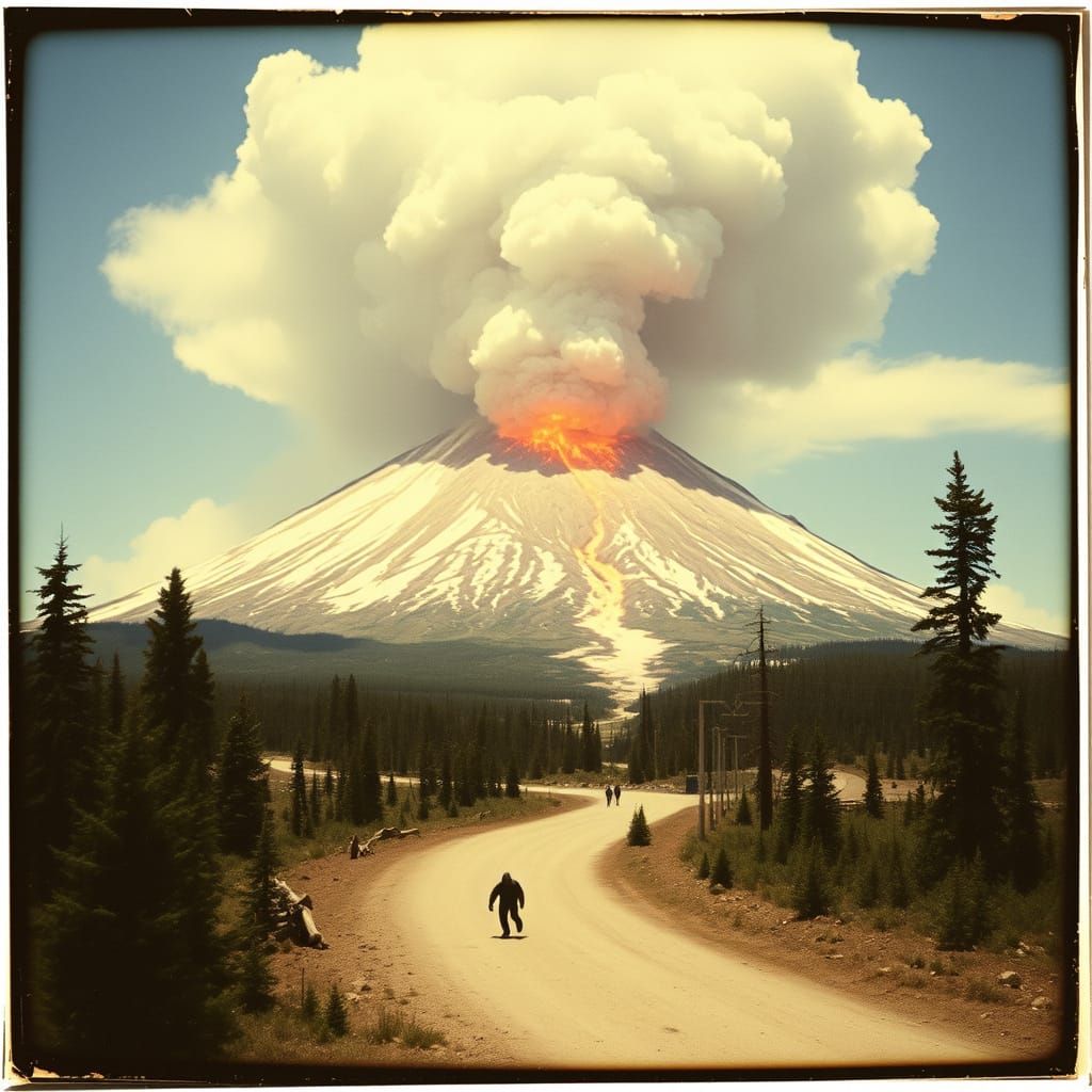 Mount St. Helens Eruption with Bigfoot, Polaroid Style