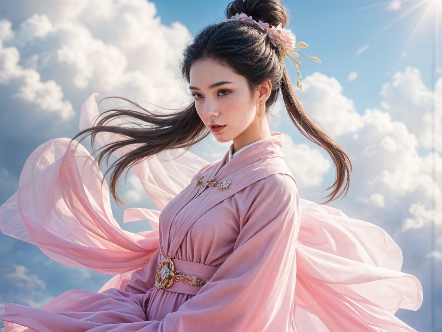 Chinese Daoist Immortal Ho Sen Ku Floating on Cloud