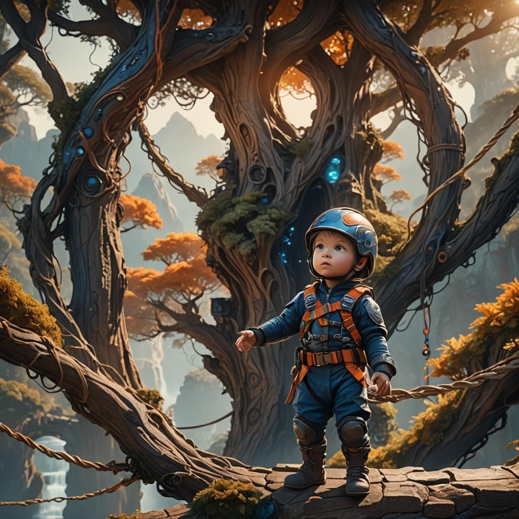 Baby Bungee Jumper on Ancient Tree-Bridge