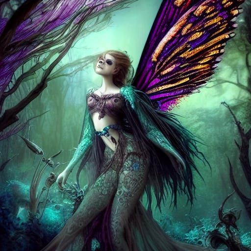 Gothic Fairy with Magic Forest in Vibrant Colors