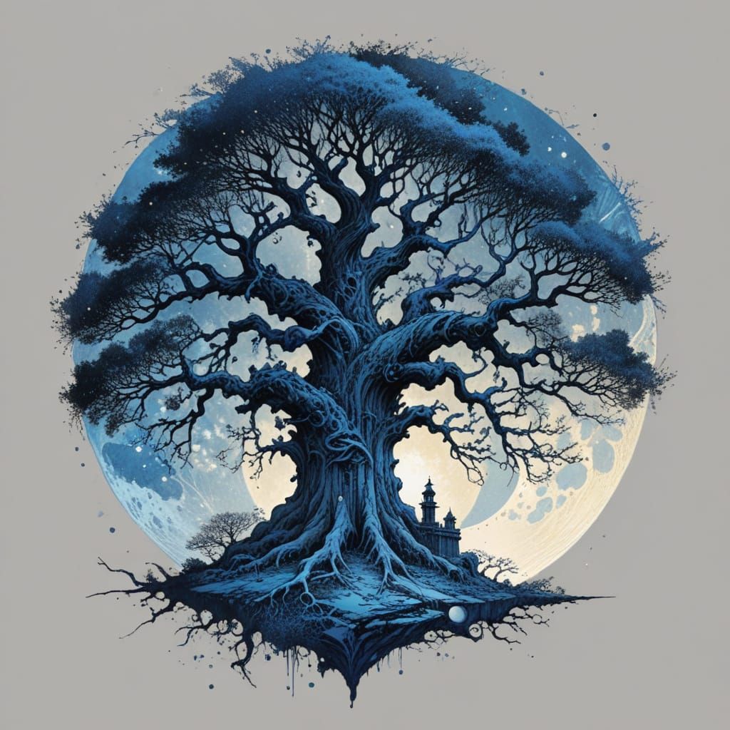 Ancient Tree Under Full Moon in Art Nouveau Blue Ink Drawing...