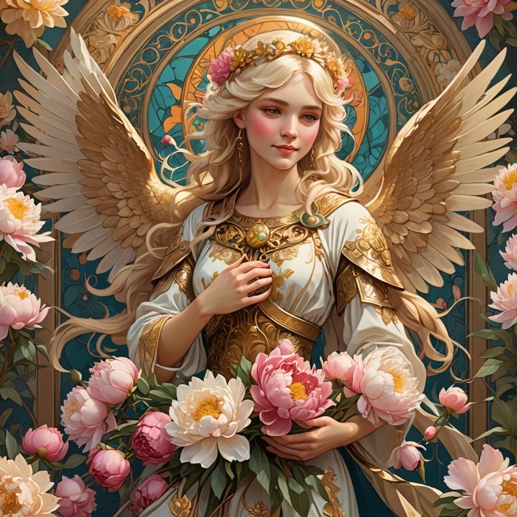 Smiling Angel with Peonies in Art Nouveau Style