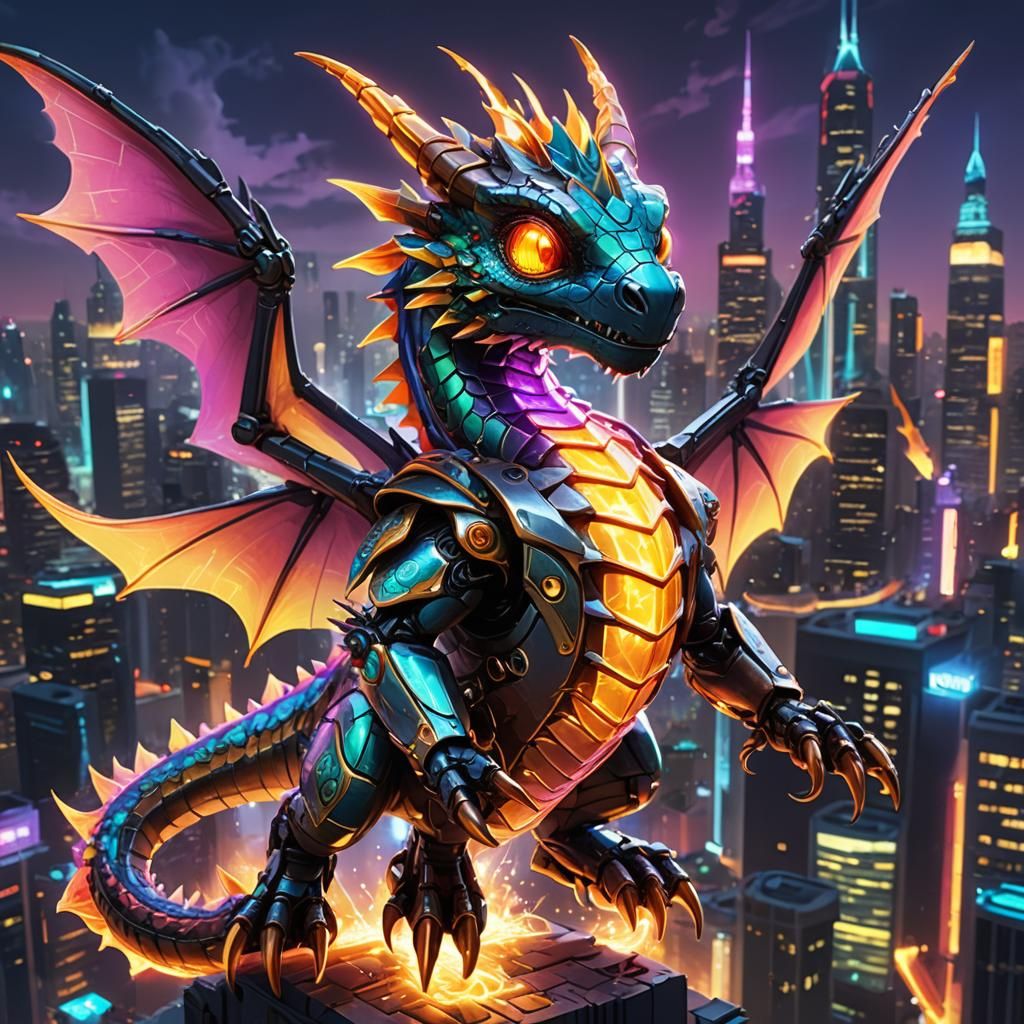 Neon Cyberpunk Dragon Soaring Over Future City
