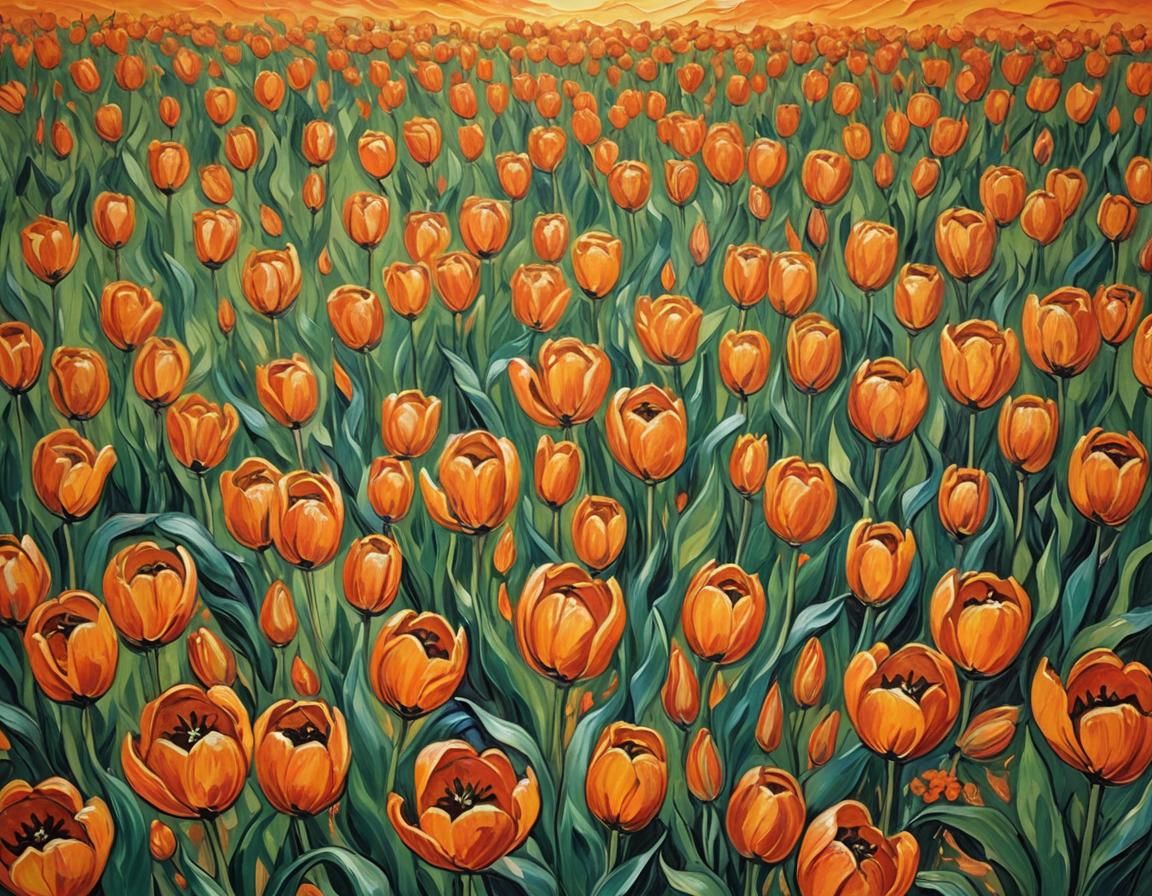 Orange Tulips Field in Van Gogh Style