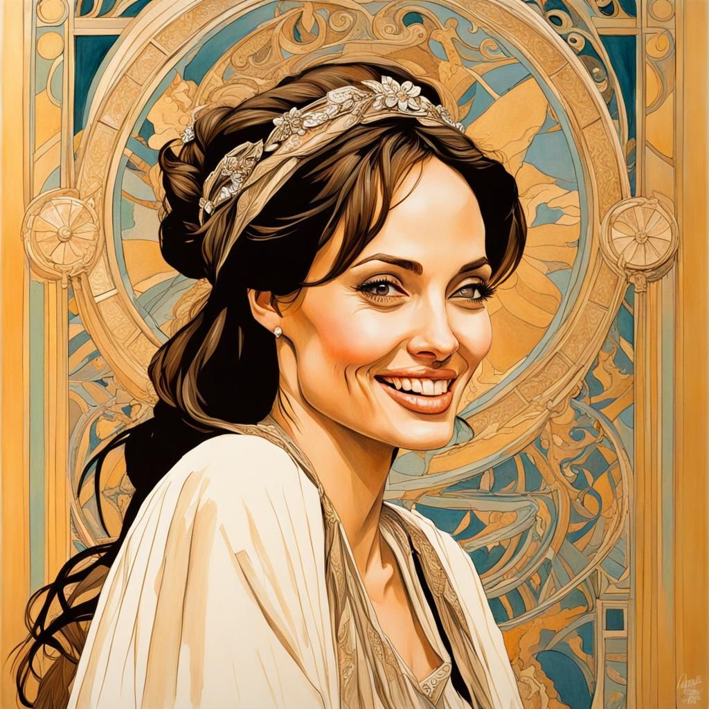 Angelina Jolie as Art Nouveau Gouache Painting