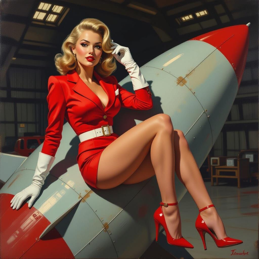 Pin-Up Girl on Rocket, Impasto Oil Painting