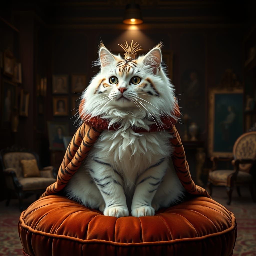 Fluffy Cat in Regal Tiger Costume on Velvet Cushion