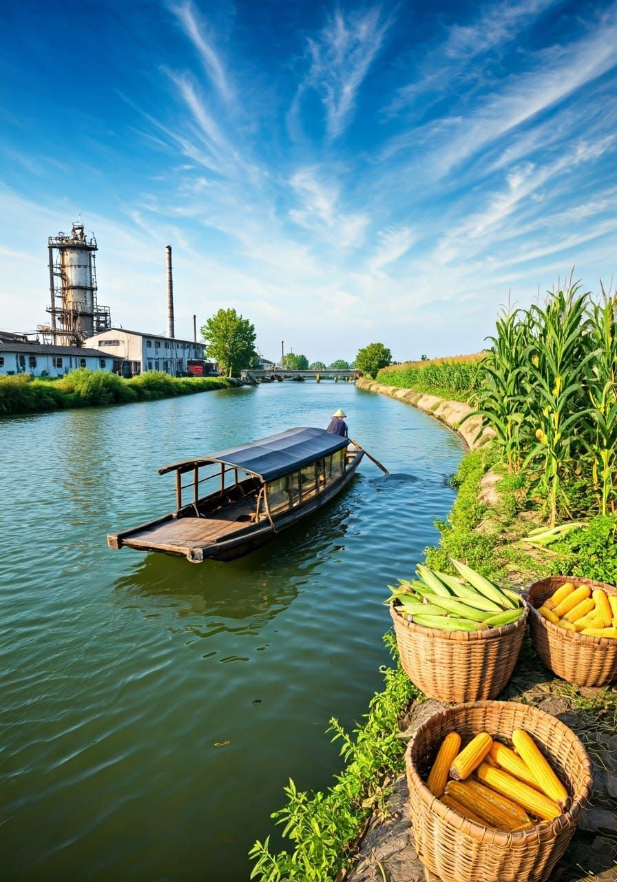 Idyllic Jiangnan Water Village Scene with Corn Harvest