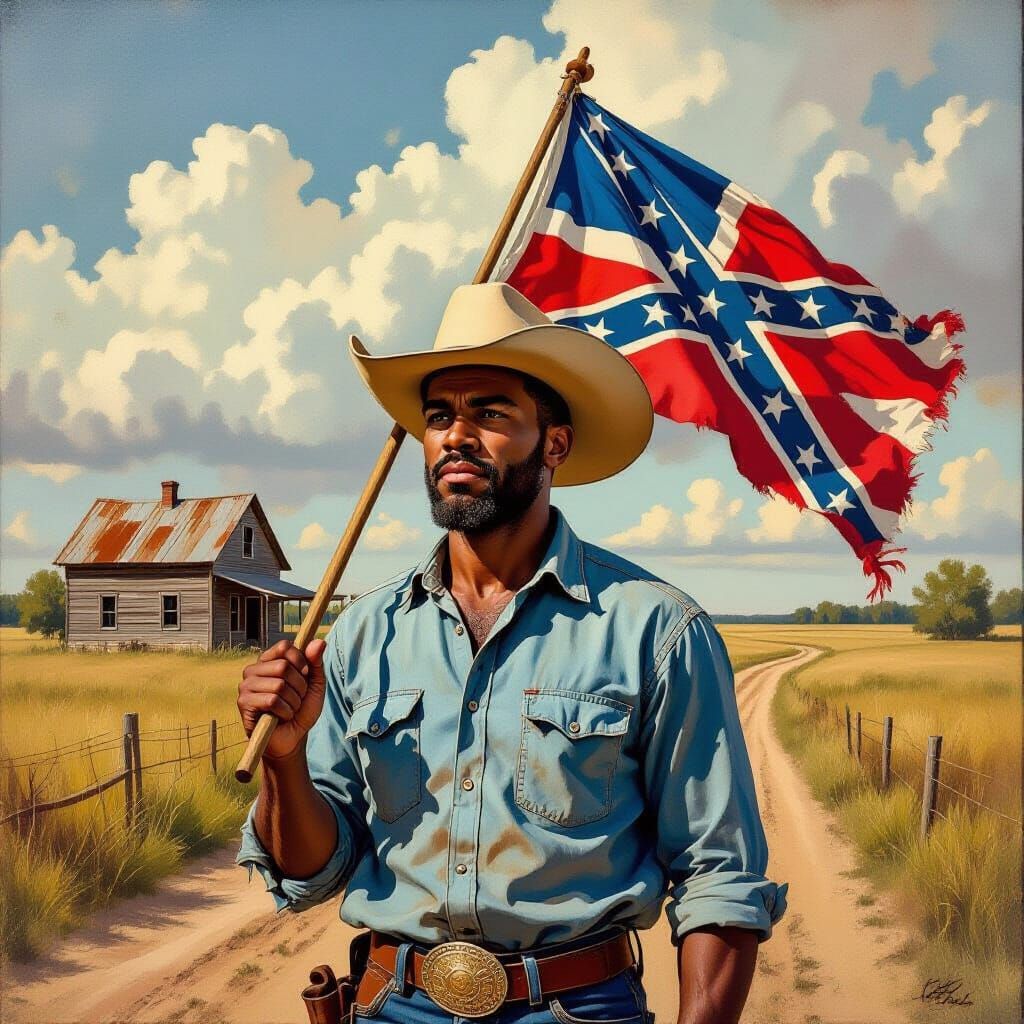 Black Man in Rural Setting Holding Tattered Confederate Flag