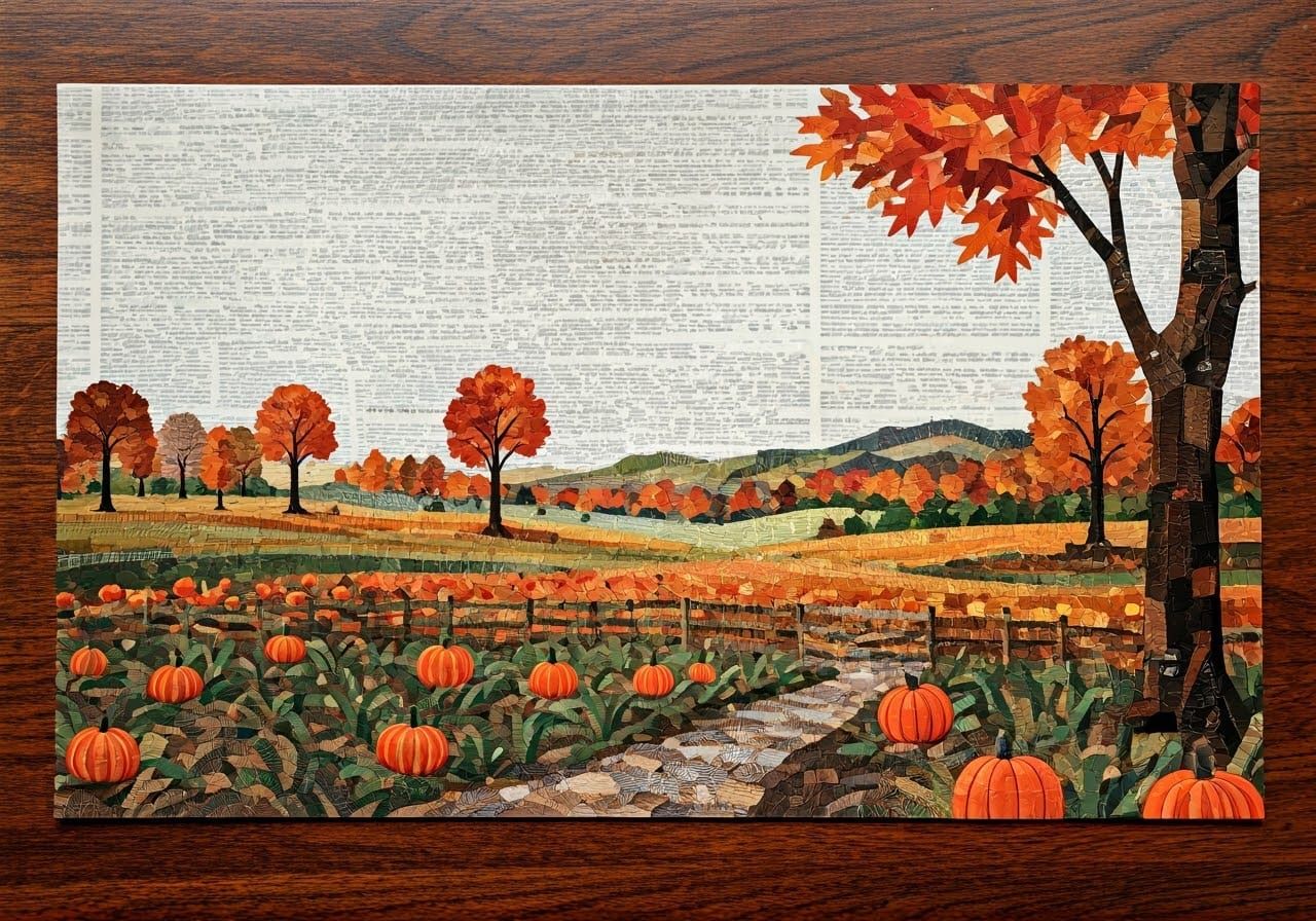 Autumn Landscape Paper Collage in Children's Book Style