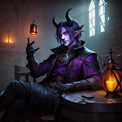 Tiefling Rogue's Enchanted Interlude in a Moonlit Tavern