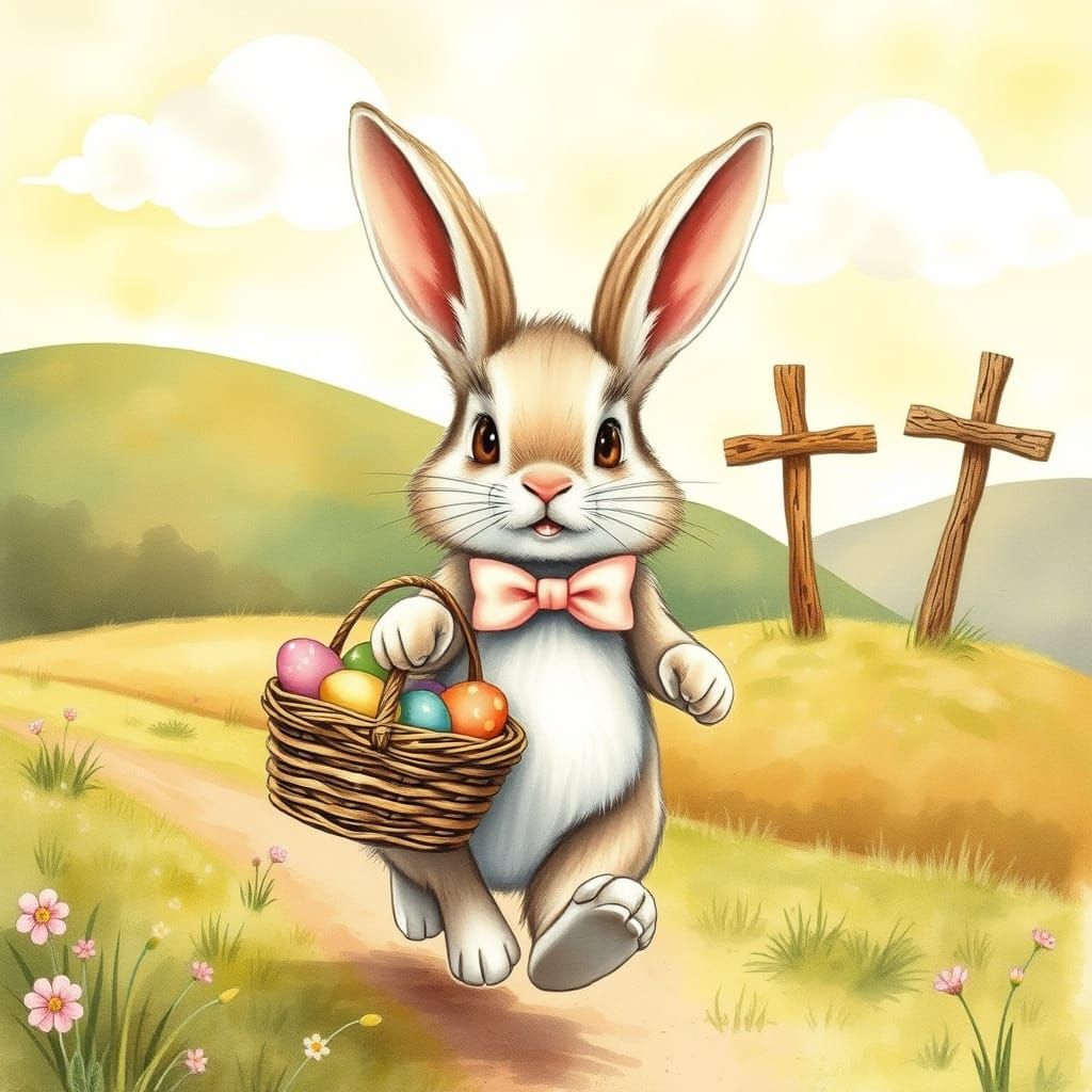 Whimsical Easter Bunny Approaches Serene Hillside