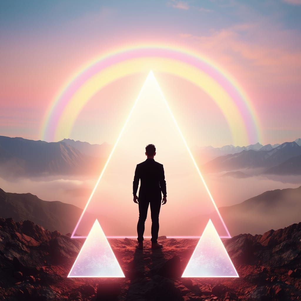 Surreal Landscape with Rainbow and Mystical Triangles