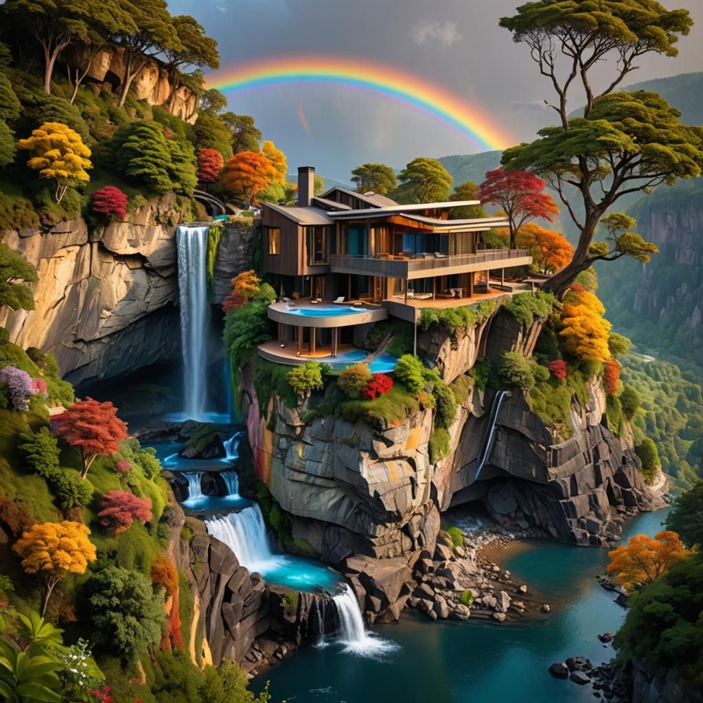 Impossible Cliffside House with Rainbow Forest