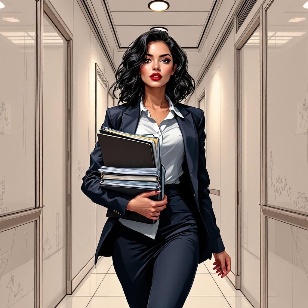 Woman in Office Corridor: Modern Comic Illustration