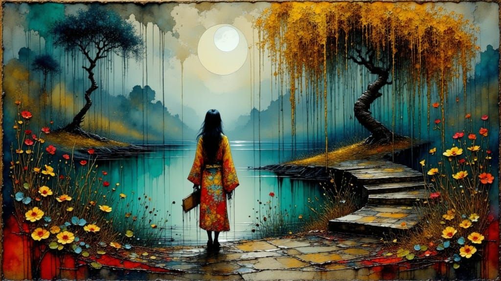 Sad Woman in Kimono by Pond