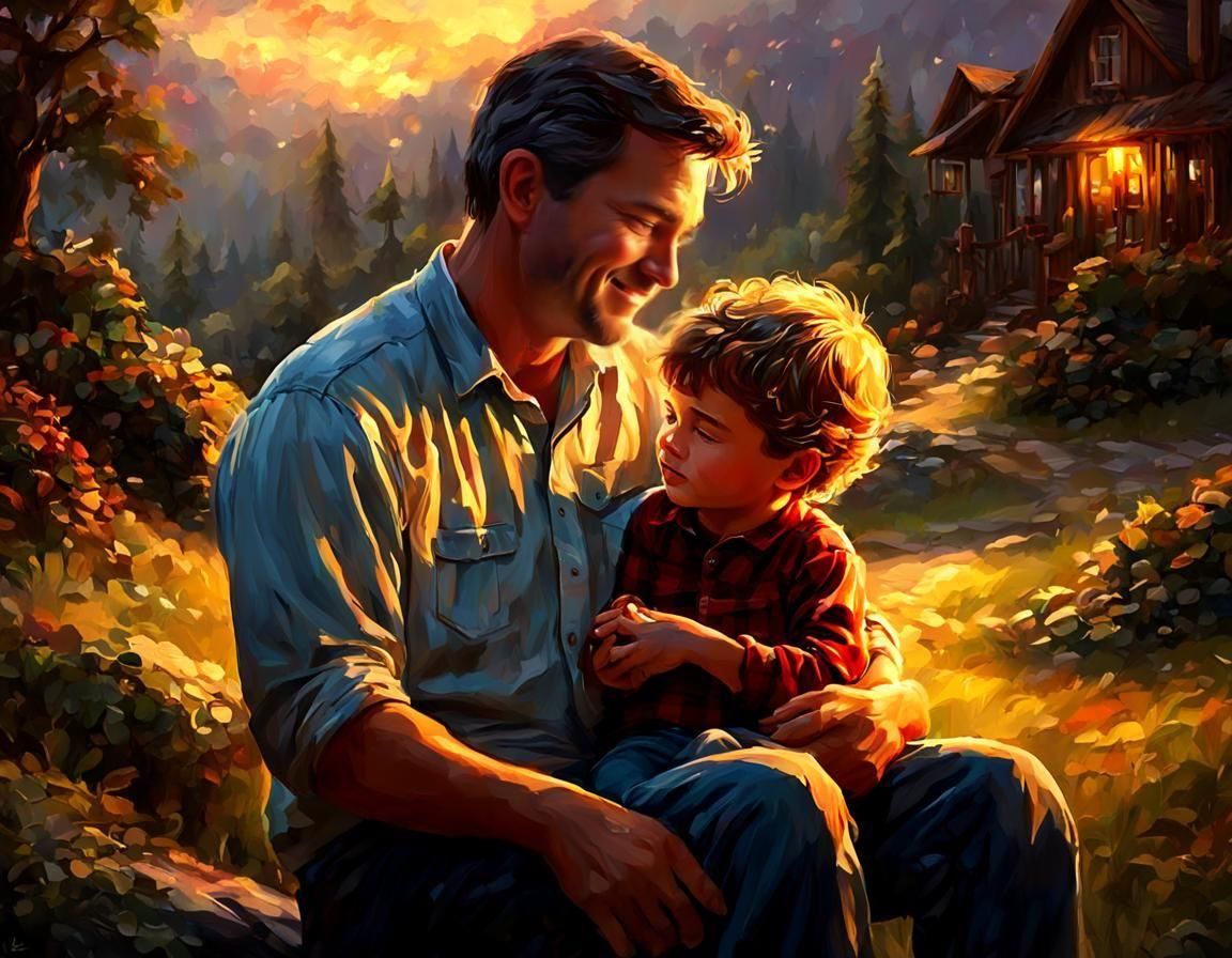 Father and Child Embrace in Golden Hour Light
