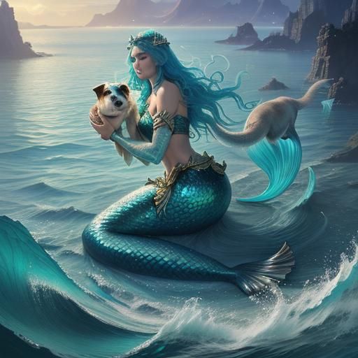 Mermaid, Dog, and Bubbles in Sunlit Sea