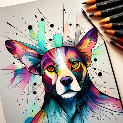 Animal Ink Drawing with Marbling and Oil Splashes