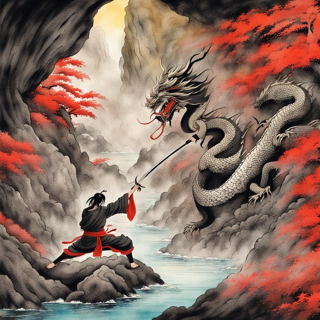 Samurai Fight in Dragon Cave: Japanese Ink Art