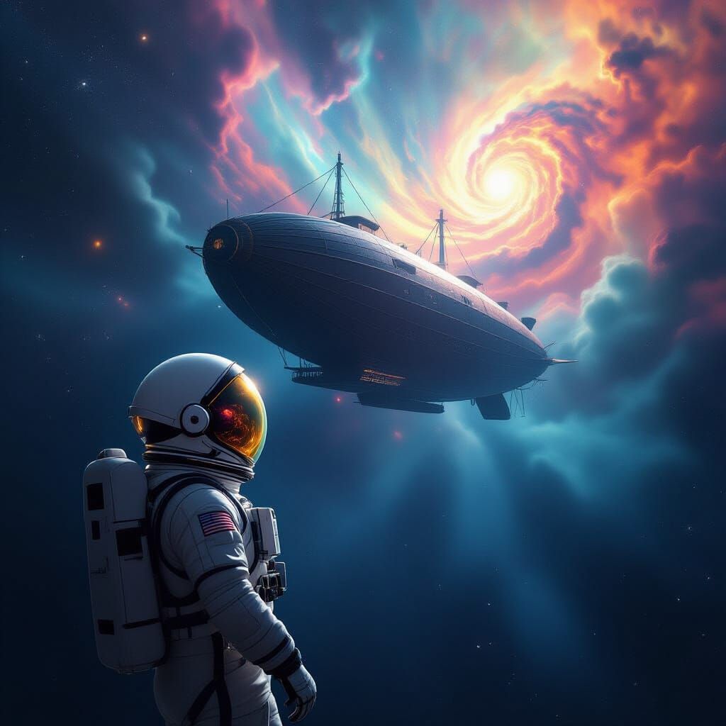 Astronaut Reflects Nebula on Ancient Airship in Cosmic Void