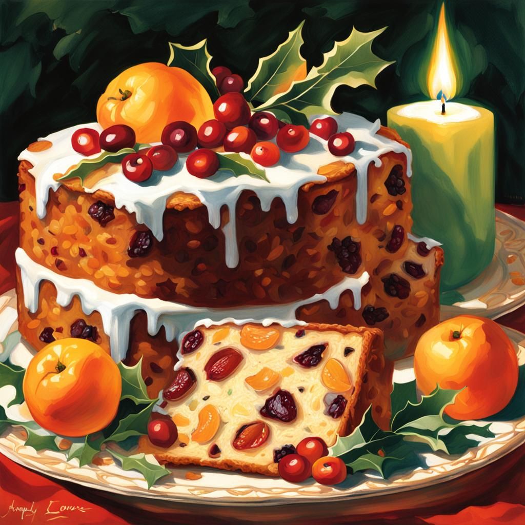 Festive Christmas Fruitcake in Painted Realism Style