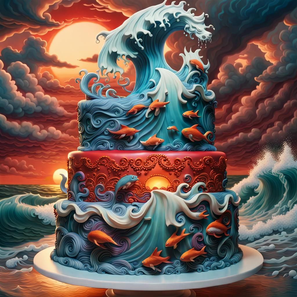 Ornate Aquatic Cake with Sunset in Airbrush Style
