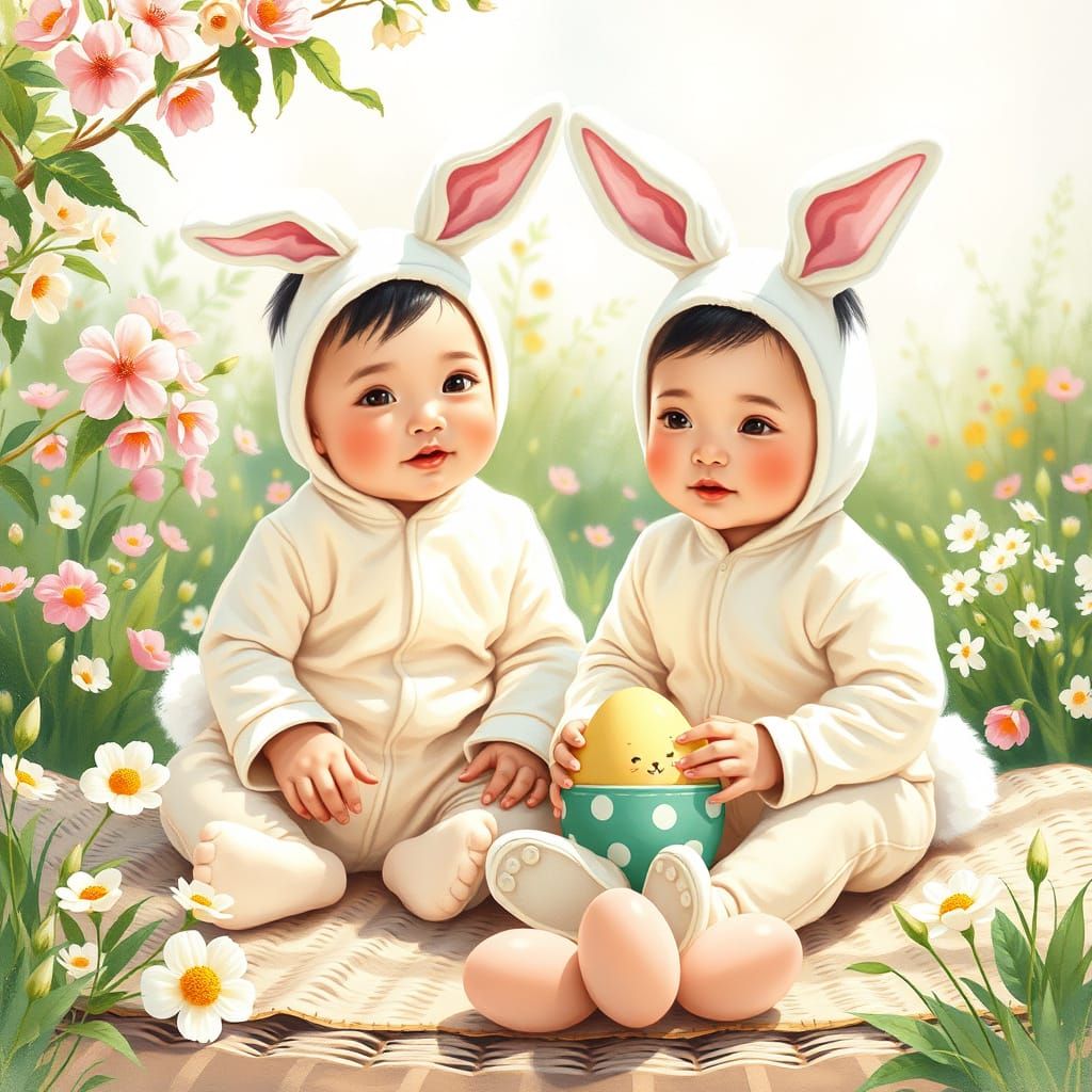 Adorable Asian Twins Plan Whimsical Easter Egg Hunt in Lush ...
