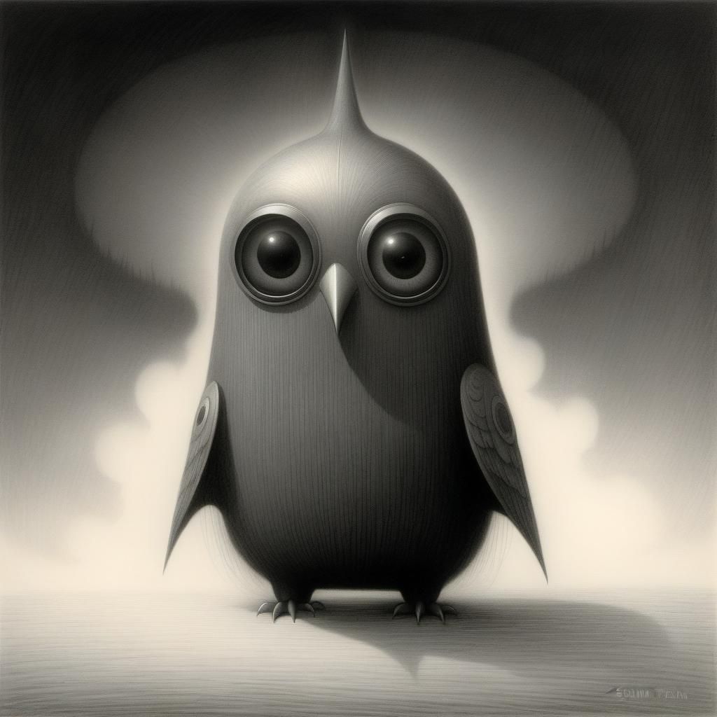 Mysterious Big-Eyed Creature in Foggy Pencil Drawing