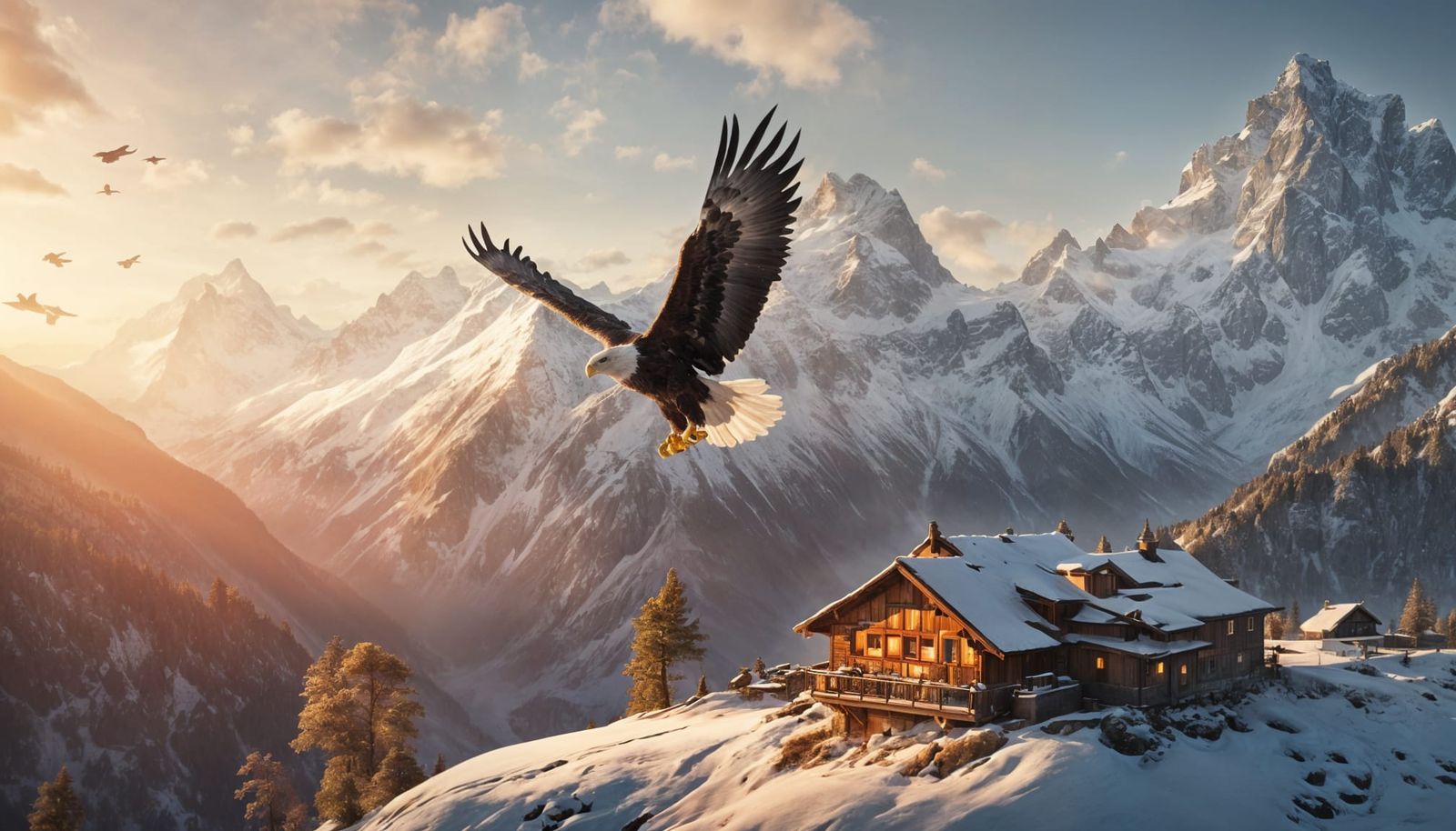 Majestic Eagle Soars Over Swiss Alps Village at Golden Hour