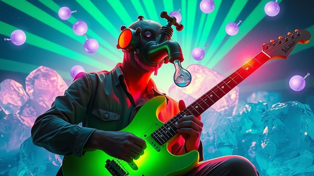 Cyberpunk Dream Guitarist Plays Electric Riffs Under Icy Ski...