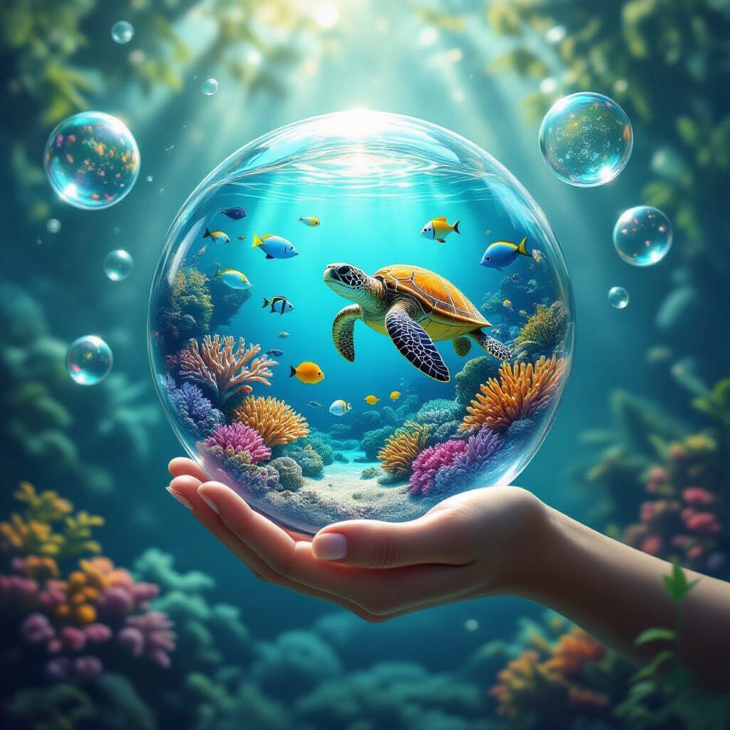 Ocean Ecosystem Inside Floating Bubble Orb: Digital Art