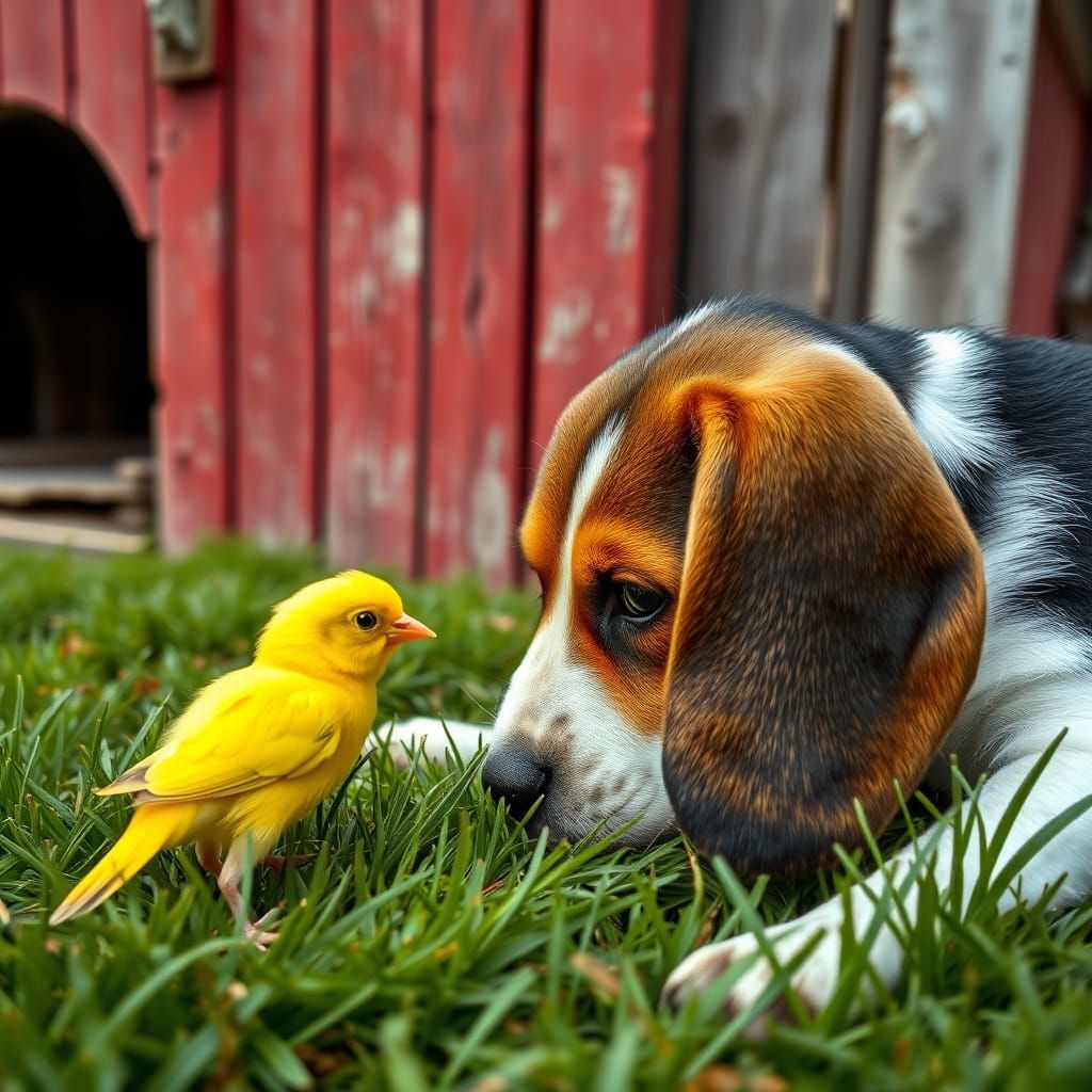 Hyper-Realistic Black and White Beagle with Yellow Canary