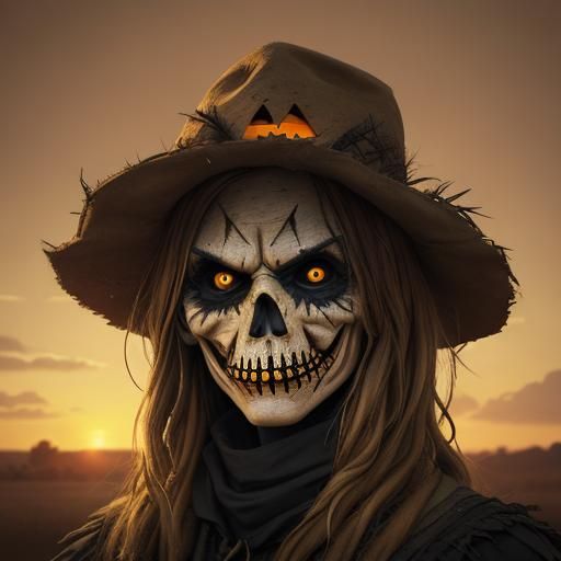 Menacing Scarecrow with Jack-o'-Lantern Patch in Hyperrealis...