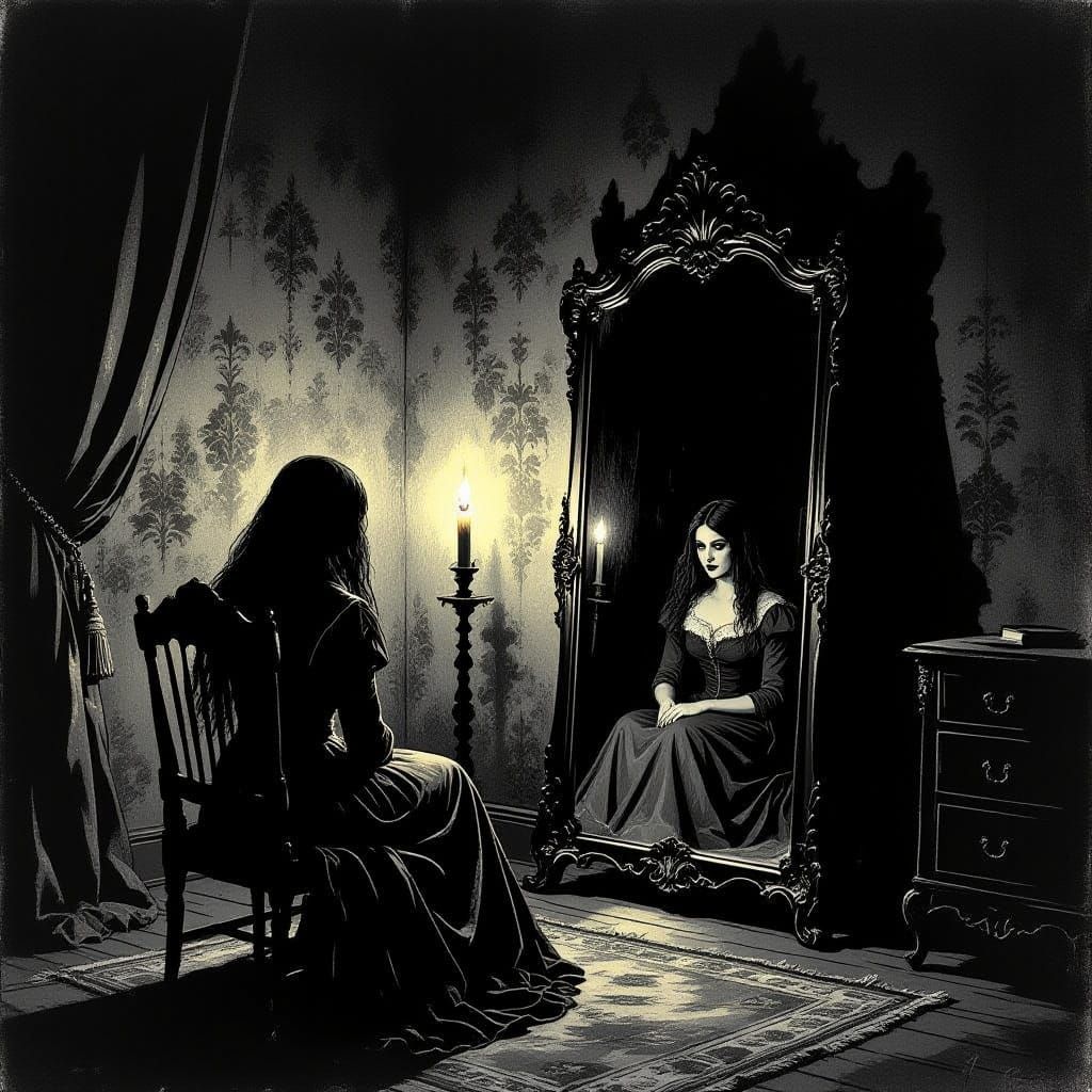 Horror Illustration of Woman by Candlelit Mirror