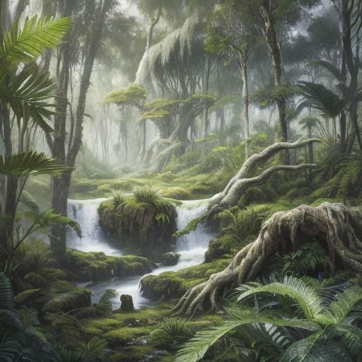 Cinematic Photorealistic Fantasy Landscape with Scarred Fore...