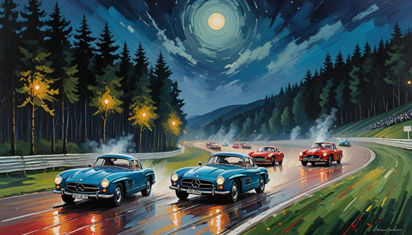 1950s Sports Car Race at Night as Impasto Painting