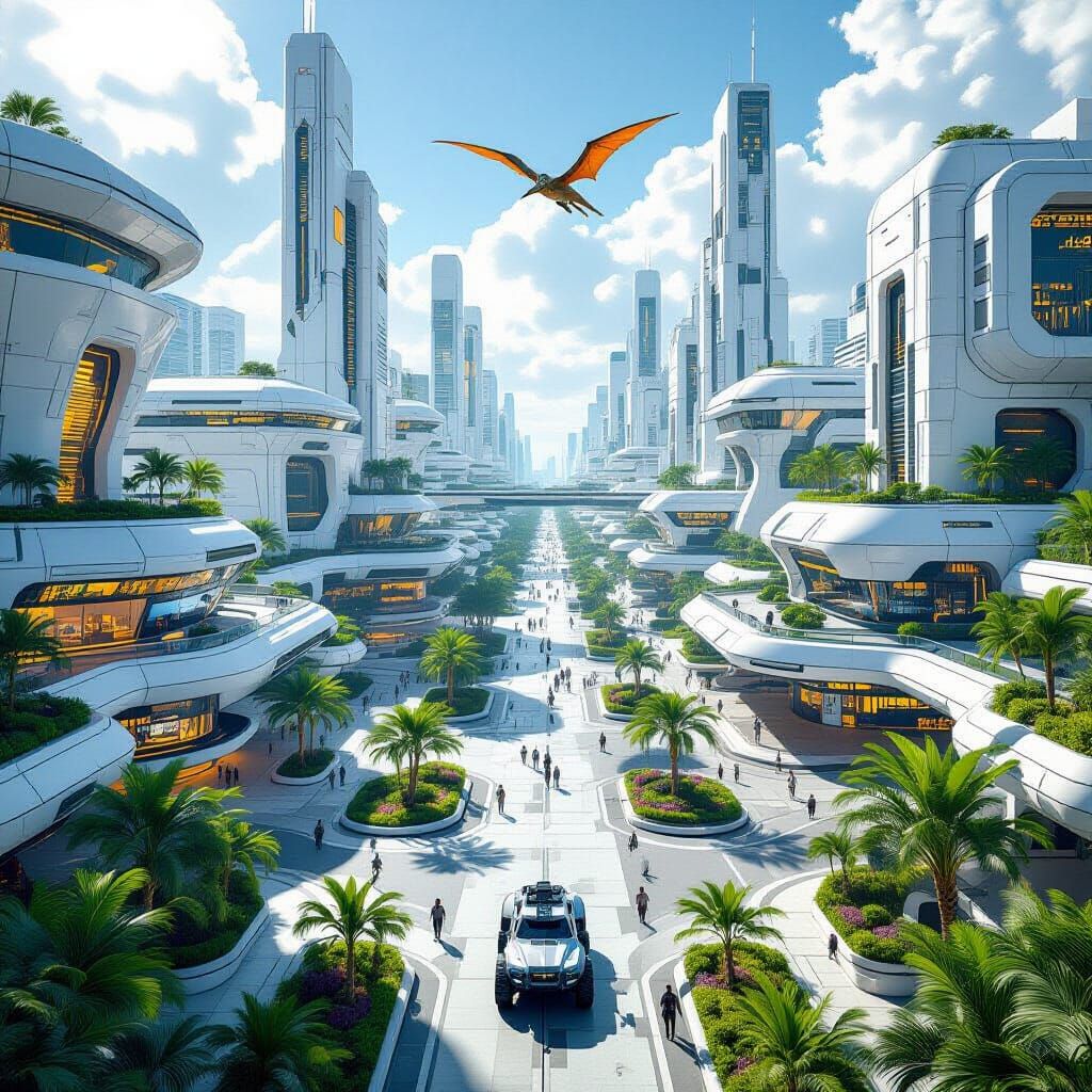 Futuristic City District with Dinosaurs and Neon Lights