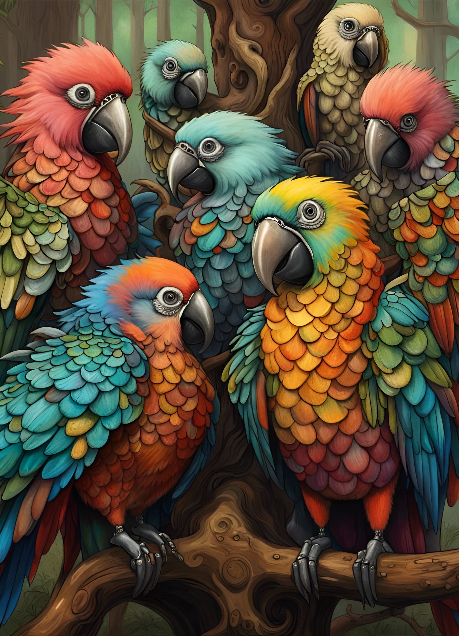 Robot Parrots in Redwood Forest Armor, Pastelpunk Style
